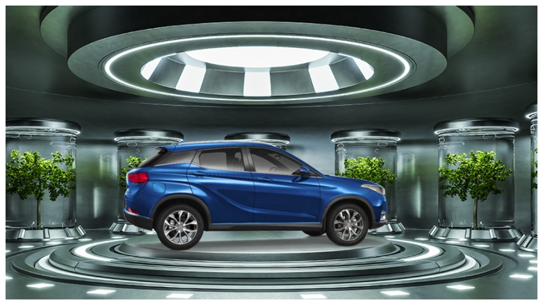 Modelo Seres 3 en plataforma con luces y árboles al rededor. 