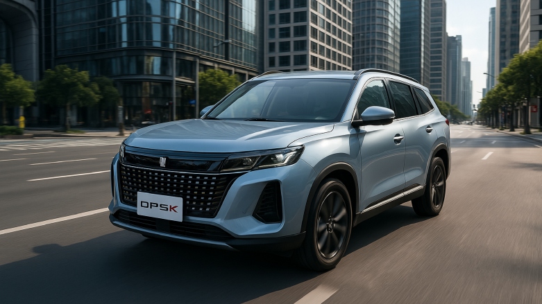 Auto híbrido enchufable DFSK/SERES E5 color plateado andando sobre calles de la ciudad.